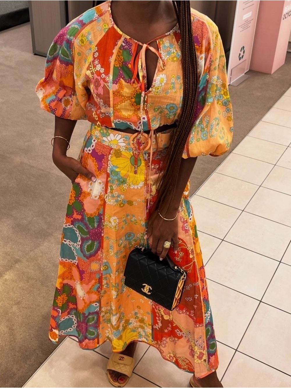 Zimmermann Orange Floral Patchwork Maxi Dress with Puff Sleeves